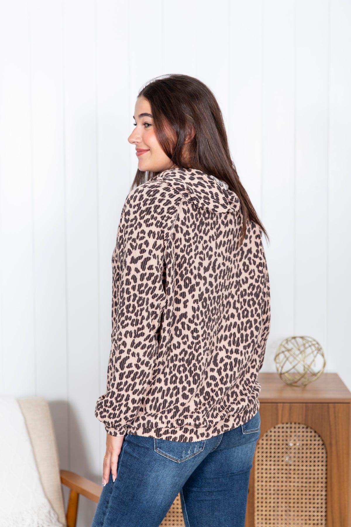 Olive™ - Leopard Ribbad Huvtröja