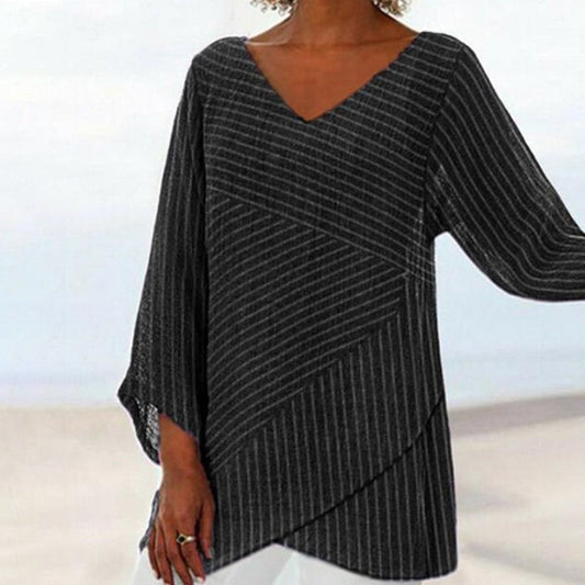 Araceli™ - Vintage Top med Korsande Ränder och Lång Ärm