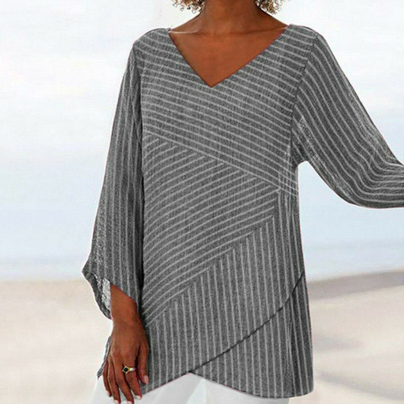 Araceli™ - Vintage Top med Korsande Ränder och Lång Ärm