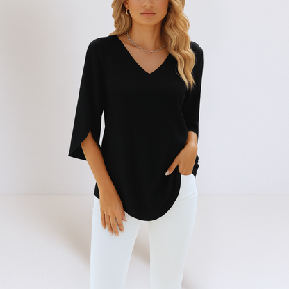 Shiella™ – V-ringad Blus med Slitsärmar för Dam