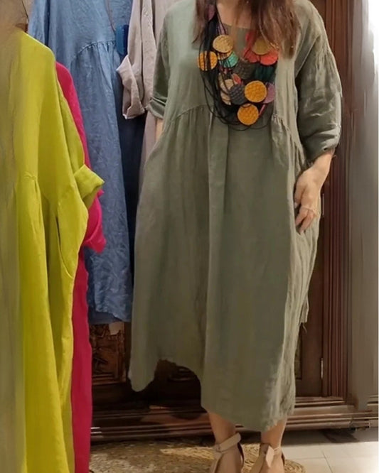 Amanda™ - Avslappnad Linneklänning