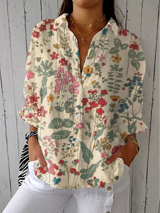 Gina™ - Lätt Linnéblus med Blommor för Dam