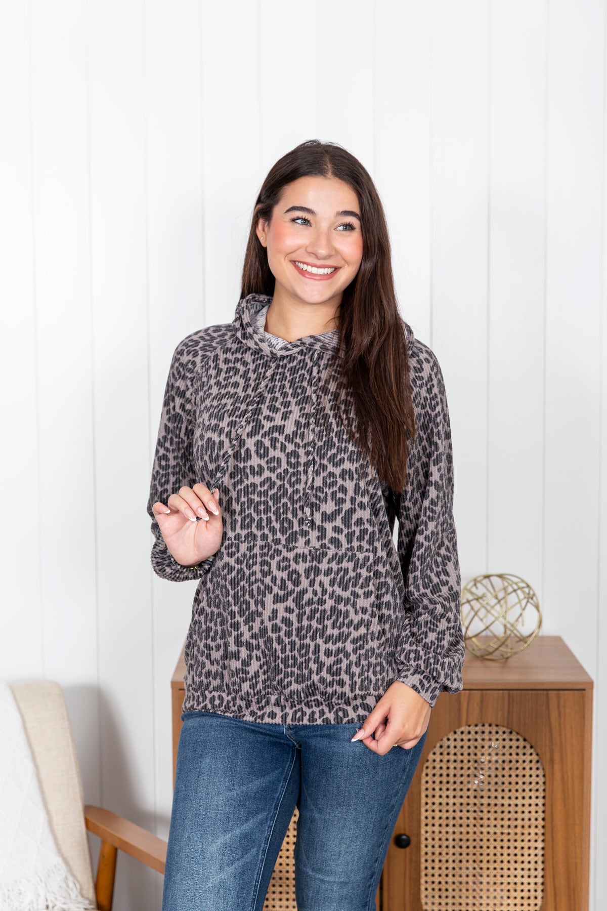 Olive™ - Leopard Ribbad Huvtröja