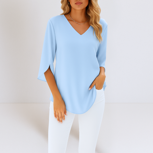 Shiella™ – V-ringad Blus med Slitsärmar för Dam