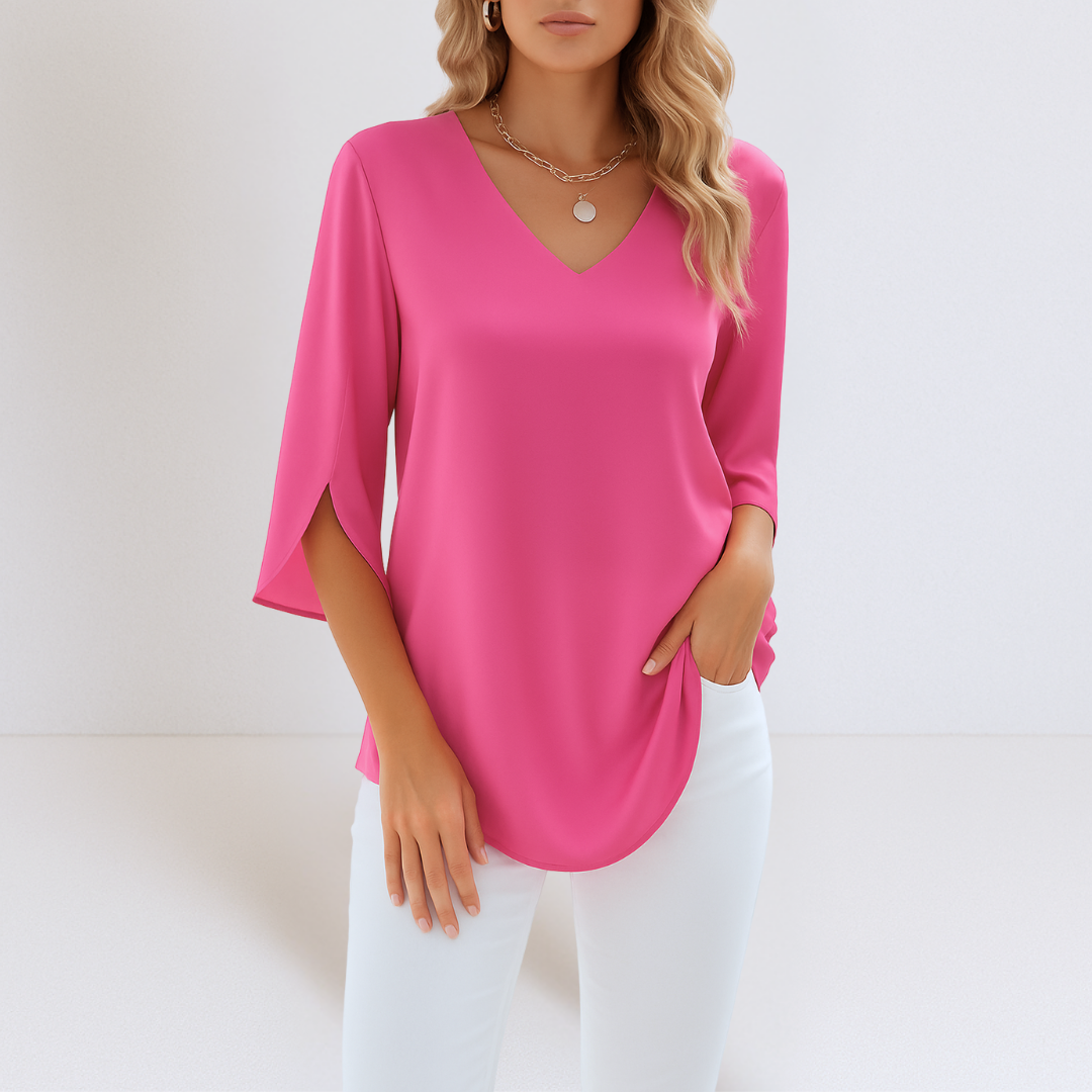 Shiella™ – V-ringad Blus med Slitsärmar för Dam