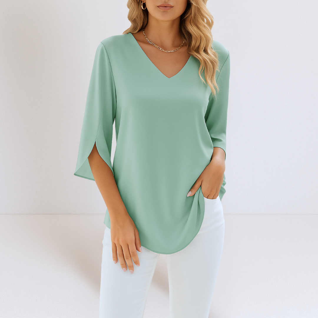 Shiella™ – V-ringad Blus med Slitsärmar för Dam