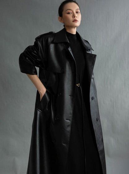 Arielle™ - Lång Läder Trenchcoat