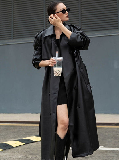 Arielle™ - Lång Läder Trenchcoat