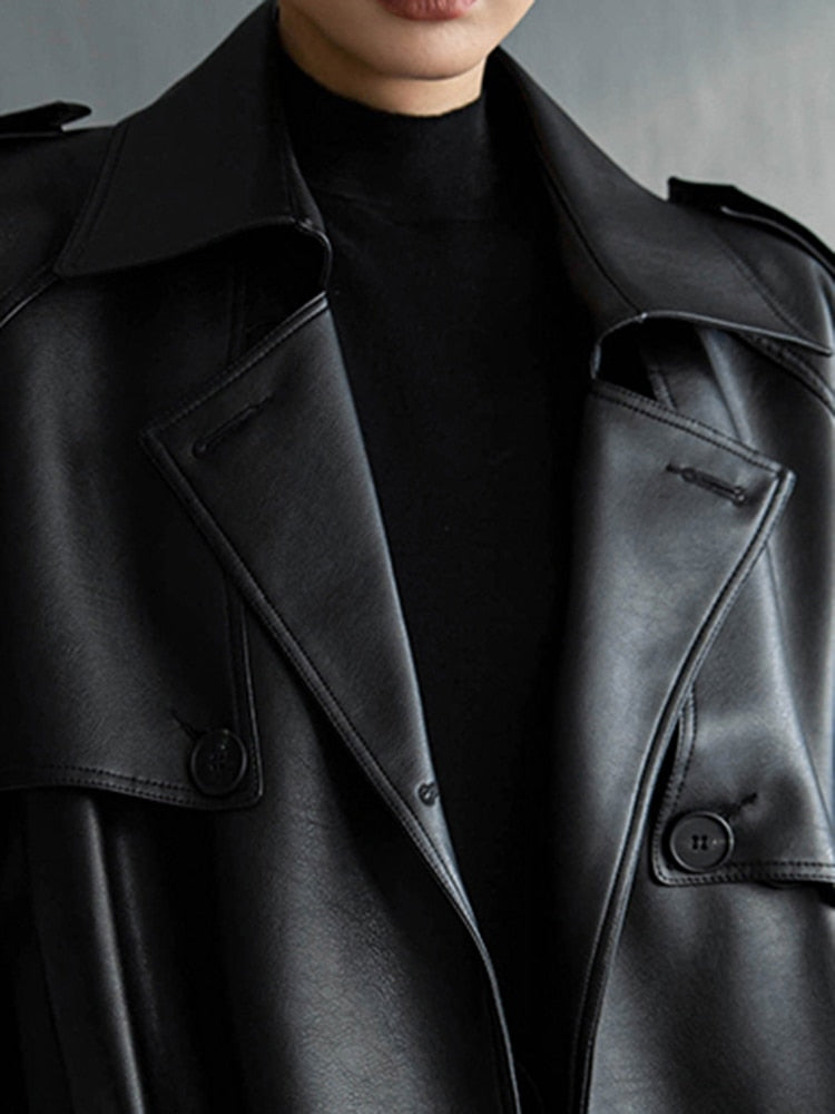 Arielle™ - Lång Läder Trenchcoat