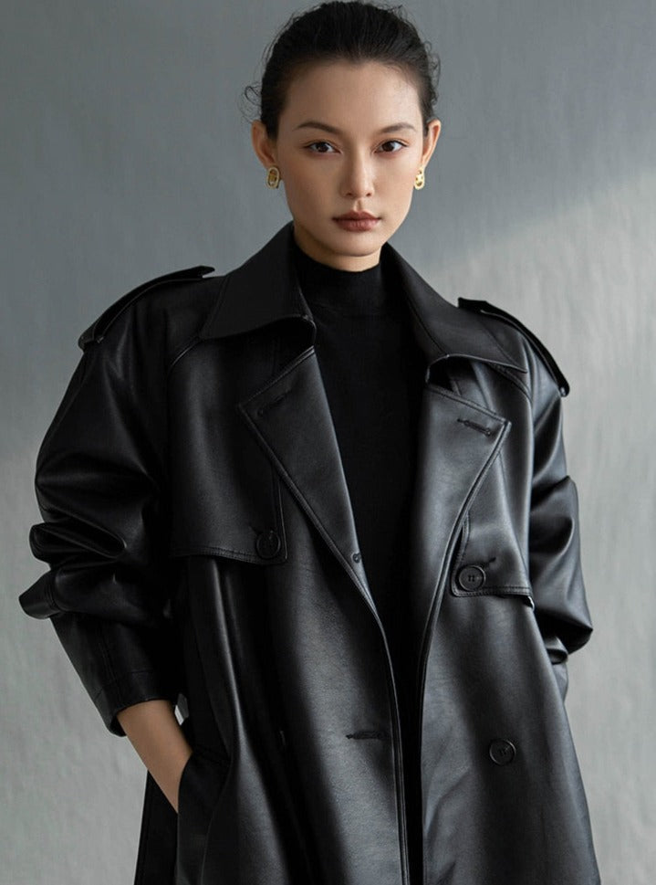 Arielle™ - Lång Läder Trenchcoat