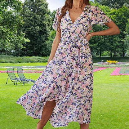 Flora™ - Omlottklänning med Blommor och Volangärmar för Dam