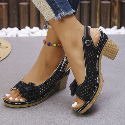 Sandra™ – Damens Blommiga Sandaler med Blockklack