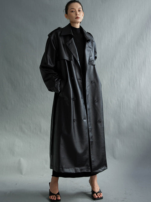 Arielle™ - Lång Läder Trenchcoat